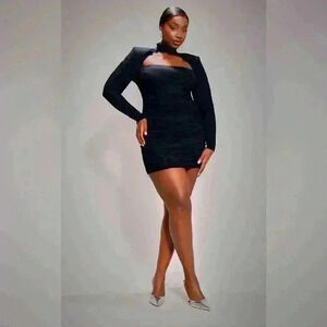 Plus Black Mesh Cut Out Detail Shoulder Pad Bodycon  Dress